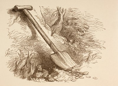 Illustration of a spade dug halfway into the ground, from 